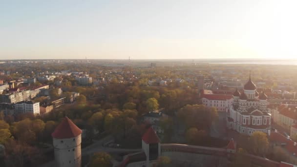 에스토니아탈린의 유서 깊은 중심부에서 정상을 조망할 수 있습니다. 유럽 도시 탈린의 오래된 주택의 붉은 지붕. 고대 건축물. 날개가 달린 지붕. — 비디오