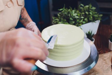 kadın elleri bir pişirme spatula kullanarak beyaz krema ile bisküvi kek yapma.