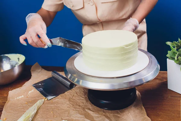 kadın elleri bir pişirme spatula kullanarak beyaz krema ile bisküvi kek yapma.