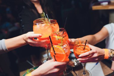kadınlar yemek masasında aperol spritz bir bardak yükselterek.
