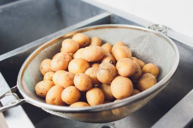 Genç, küçük, bütün kızarmış patates. Altın kızartılmış. Sarımsak ve yeşillik ile.