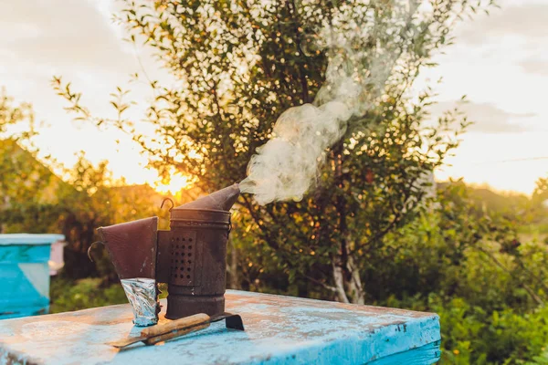 Apicultores fumador de metal fumar en la parte superior de una colmena. El fumador plateado tiene fuelles verdes con humo blanco . —  Fotos de Stock