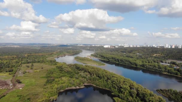 Bosque río paisaje. Bosque río valle panorama. Verano bosque verde vista al río . — Vídeo de stock