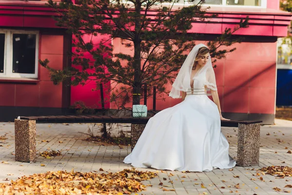Sposa in posa in un parco verde ragazza in un abito bianco su uno sfondo di verde . — Foto Stock