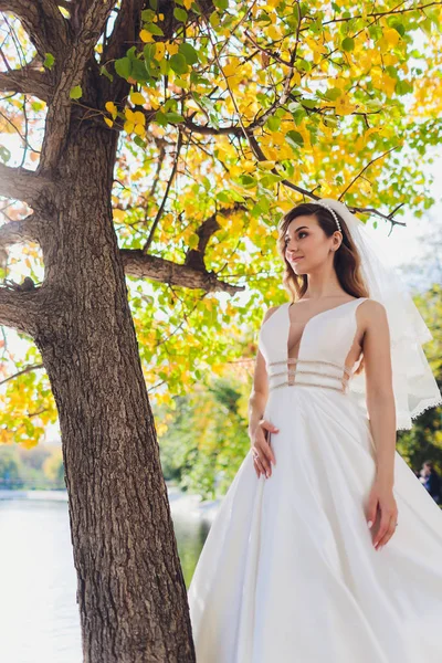 Sposa in posa in un parco verde ragazza in un abito bianco su uno sfondo di verde . — Foto Stock