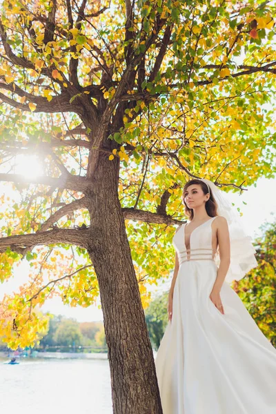 新娘在绿色公园女孩在绿色背景的白色礼服摆姿势. — 图库照片
