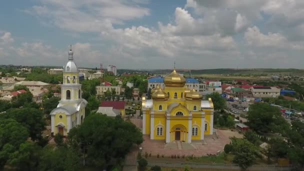 Aerial shot of Gates of the City at sunset. Blue sky with clouds. Chisinau, Moldova. — Stock Video