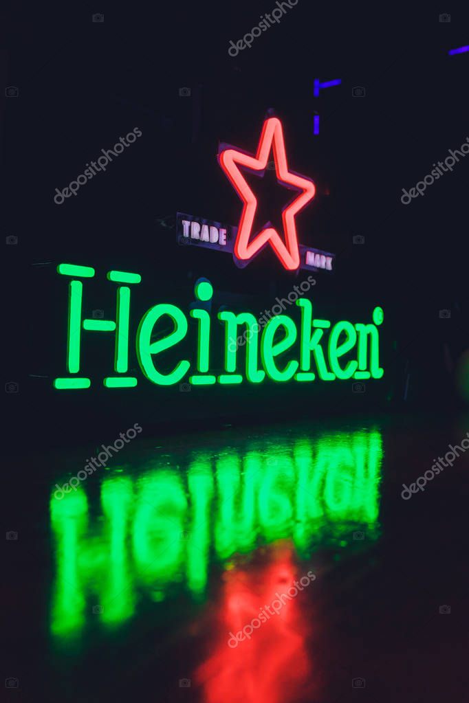 Ufa, Russia, 1 July, 2019 Heineken Logo at the Heineken experience dark