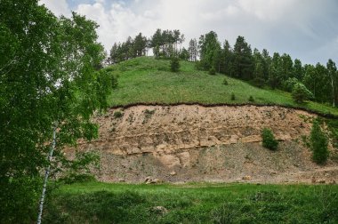 Yeraltı suyuyla kaplı toprak katmanları. Kil çukurundaki toprak katmanlarının ayrıntıları. Toprağın şekli ve renkleri. Arka plan doğal dokular. Toprak kesiti. Soyut arazi görüntüsü. Kırsal alanda çatlak var.
