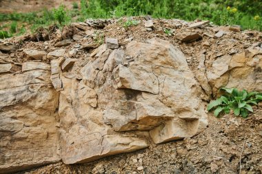 Yeraltı suyuyla kaplı toprak katmanları. Kil çukurundaki toprak katmanlarının ayrıntıları. Toprağın şekli ve renkleri. Arka plan doğal dokular. Toprak kesiti. Soyut arazi görüntüsü. Kırsal alanda çatlak var.