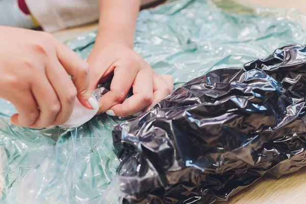 Space saver saving seal bag sucking air out , vacuum clothing storage compressed package. — Stock Photo, Image