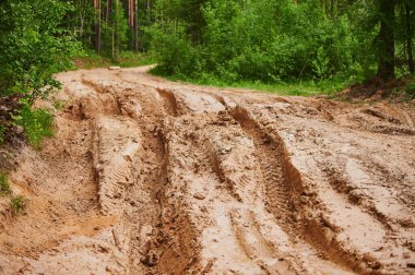 Baharda lastik izleri olan kirli, bulanık toprak bir yol. Off-road.