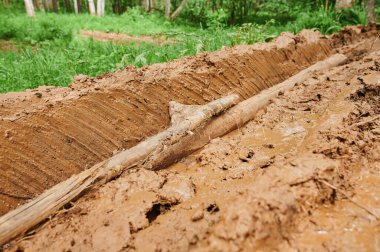 Baharda lastik izleri olan kirli, bulanık toprak bir yol. Off-road.