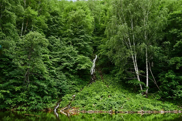 Natuurlijk uitzicht op groene velden op de voorgrond en bergen kliffen en heuvels op de achtergrond op een zonnige zomerdag. — Stockfoto