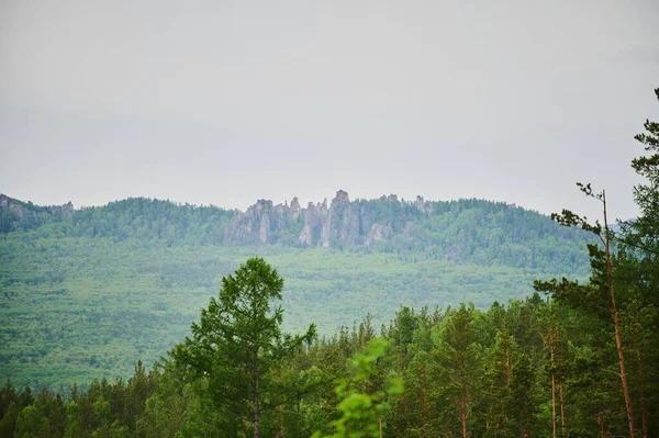 Naturlig utsikt över gröna fält i förgrunden och berg av klippor och kullar i bakgrunden på en solig sommardag. — Stockfoto