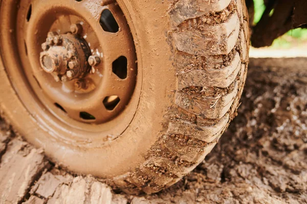 Wheel closeup in a countryside landscape with a muddy road. — Stock Photo, Image