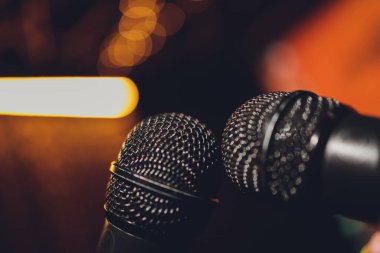 Mikrofon ve bayan şarkıcı yakın çekim. Kadın mikrofona şarkı söylüyor, mikrofonu elleriyle tutuyor..