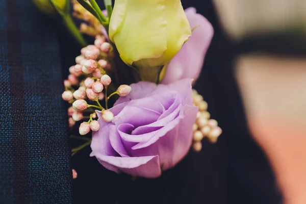 Vőlegény boutonniere egy kabát sötétkék színű. Az esküvői boutonniere áll egy rózsaszín rózsa, egy kis dianthus és egy krizantém. Egy fehér inges férfi nyakkendő nélkül.. — Stock Fotó