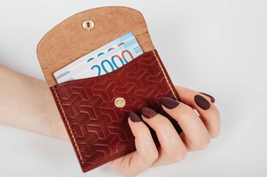 Bir kadının elleri, bir çantaya binlerce ruble para koyuyor..