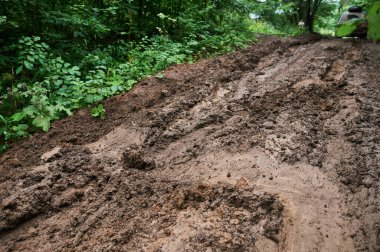 Yağmurlu bir günde kırsal kesimde yol ıslak çamurlu..