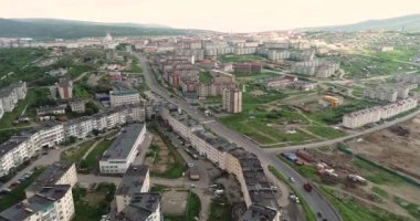 Magadan şehri. Kış. Şehrin merkez kısmının görüntüsü. Rusya.