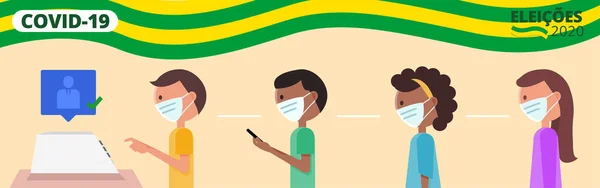 2020 Seçimleri - Brezilyalı insanlar koruyucu maske vektörü ile kuyruğa girdiler
