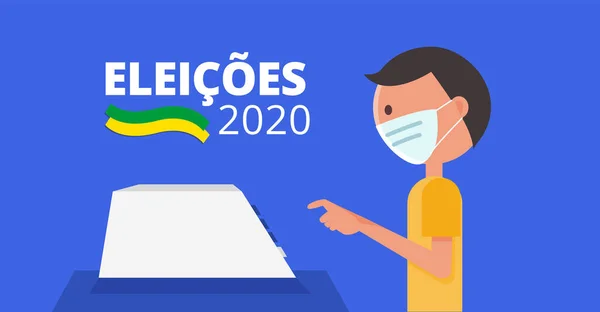 Eleições 2020 Brasil Homem Com Voto Máscara Protetora Urna Eletrônica — Vetor de Stock