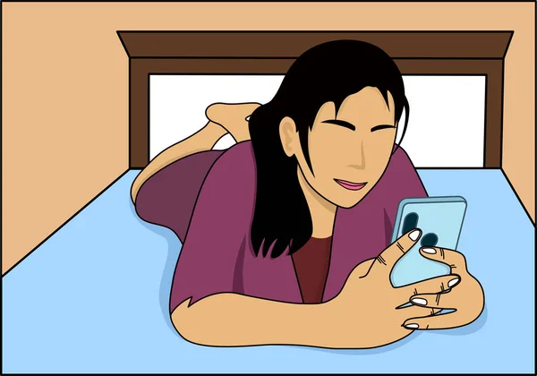 Eine Frau Spielt Smartphone Auf Dem Bett — Stockvektor