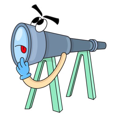 çizgi film maskotu dürbünleri yukarı bakıyor.