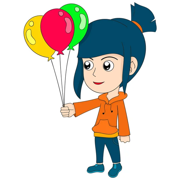 Girl Carrying Series Balloons Vector Illustration Cartoon — Stock Vector