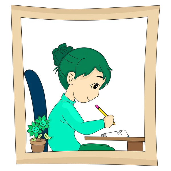 Mädchen Lernen Auf Dem Tisch Zeichentrickfigur — Stockvektor