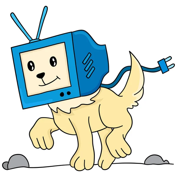 Perro Corre Con Televisión Cabeza — Vector de stock