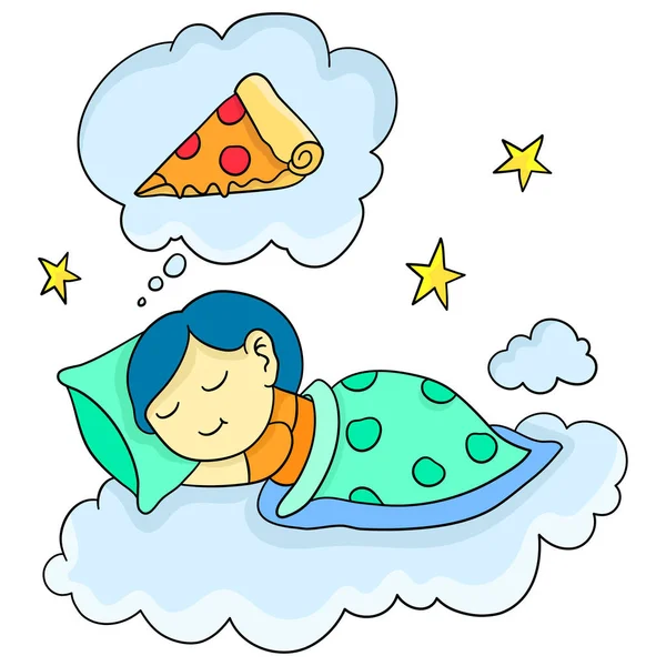 Donna Dorme Sogna Una Fetta Pizza — Vettoriale Stock