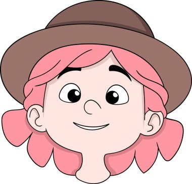 Pembe saçlı, kahverengi şapkalı, mutlu gülümseyen sevimli bir çizgi film karakteri.