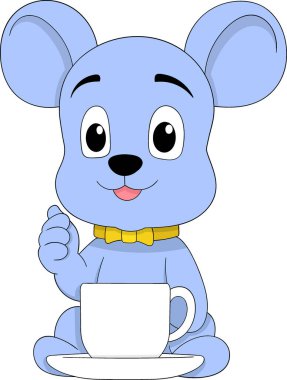 Mavi çizgi film karakteri, papyon takıyor ve bir fincan sıcak kahveyle oturuyor.