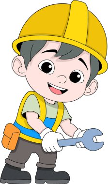 Sarı güvenlik kaskı, yelek ve eldiven takan genç bir inşaat işçisinin, büyük bir ingiliz anahtarı aletini tutarken çekilmiş şirin karikatür çizimi.