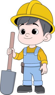 Sarı kasklı, mavi tulumlu ve elinde bir şey tutan genç bir inşaat işçisinin hoş bir çizimi.