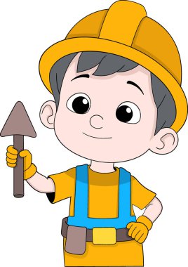 Sarı kasklı ve eldivenli, yukarı doğru işaret eden bir ok işareti tutan genç bir tamirci çocuğun hoş bir çizimi.