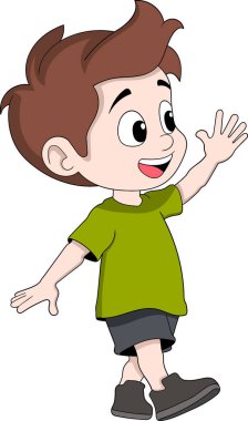 Çocuk içeriği, eğitim, sosyal etkileşim ve karakter tasarımı için mükemmel bir şekilde el sallayan mutlu bir çocuğun şirin çizgi film çizimi