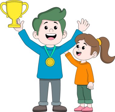 Kızı yanında gururla kutlama yaparken elinde bir kupa tutan ve altın madalya takan mutlu bir babanın karikatür çizimi.