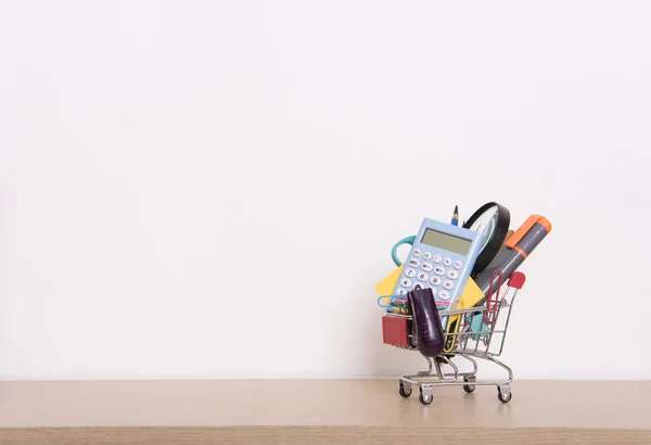 Fournitures Scolaires Sur Fond Table Bois Espace Copie Vide — Photo