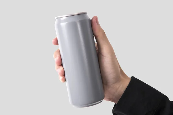 Hand Holding Aluminium Kan Voor Mockup Sjabloon Reclame Het Brandmerken — Stockfoto