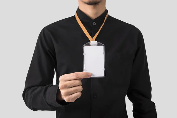 Employee Hand Showing Blank Card Badge Holder Mockup Template Logo — Stock Photo, Image