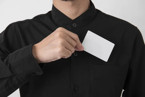 Empregado Pegar Cartão Visita Branco Bolso Para Mockup Modelo Logotipo — Fotografia de Stock