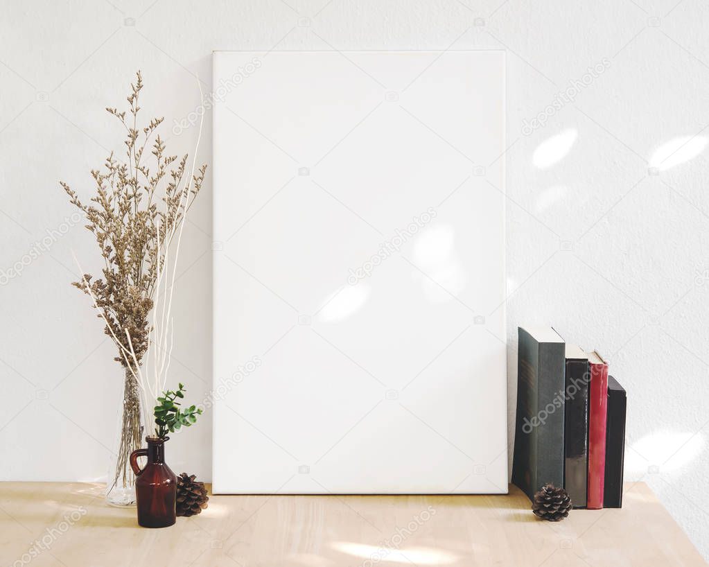 Blank white Photo Frame on Wooden for Design Mockup Template.