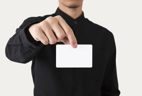 Empregado Pegar Cartão Visita Branco Mostrando Para Mockup Modelo Logotipo — Fotografia de Stock