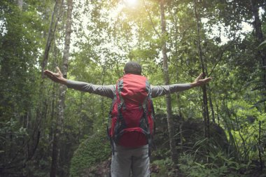 Sırt çantası ile ayakta ve güzel doğa orman zevk özgürlük seyahat adam. 
