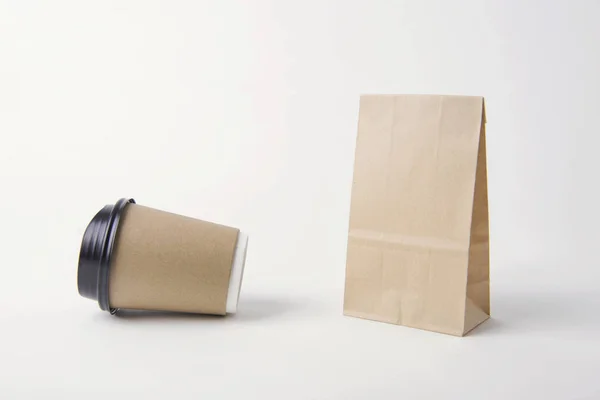 Blank Brown Paper Bag Coffee Cup Mockup Template Advertising Branding — Stock Photo, Image