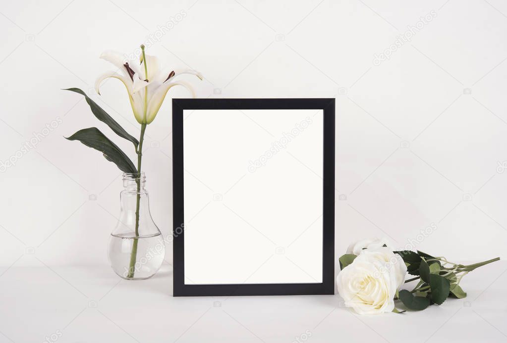 Blank Photo Frame Decoration on Wooden for Design Mockup Template.