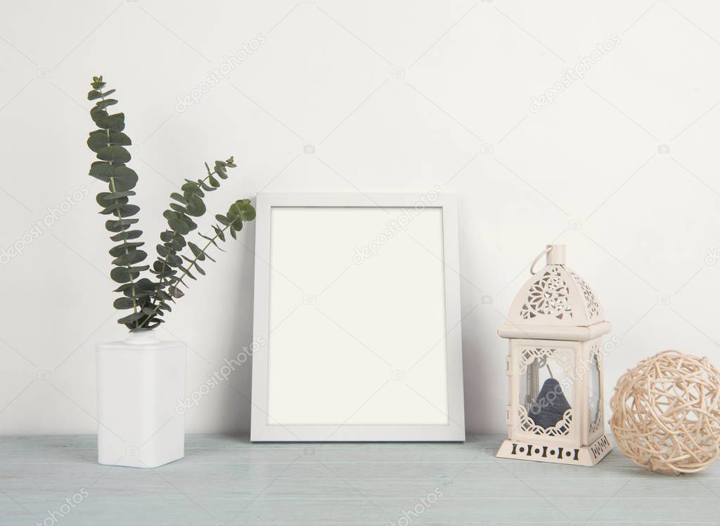Blank Photo Frame Decoration on Wooden for Design Mockup Template.